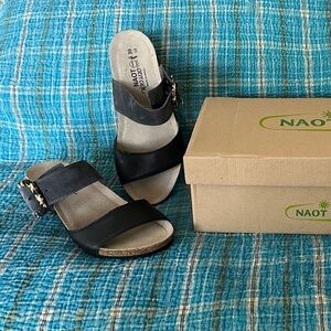 Naot Wedge Sandals (new), black leather with grey suede; decorative buckle